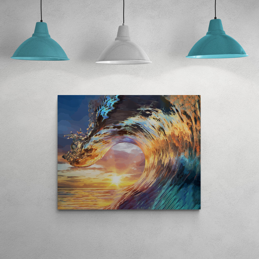 Ola en el atardecer: pintura, arte, hobby, creatividad, pintar por números.