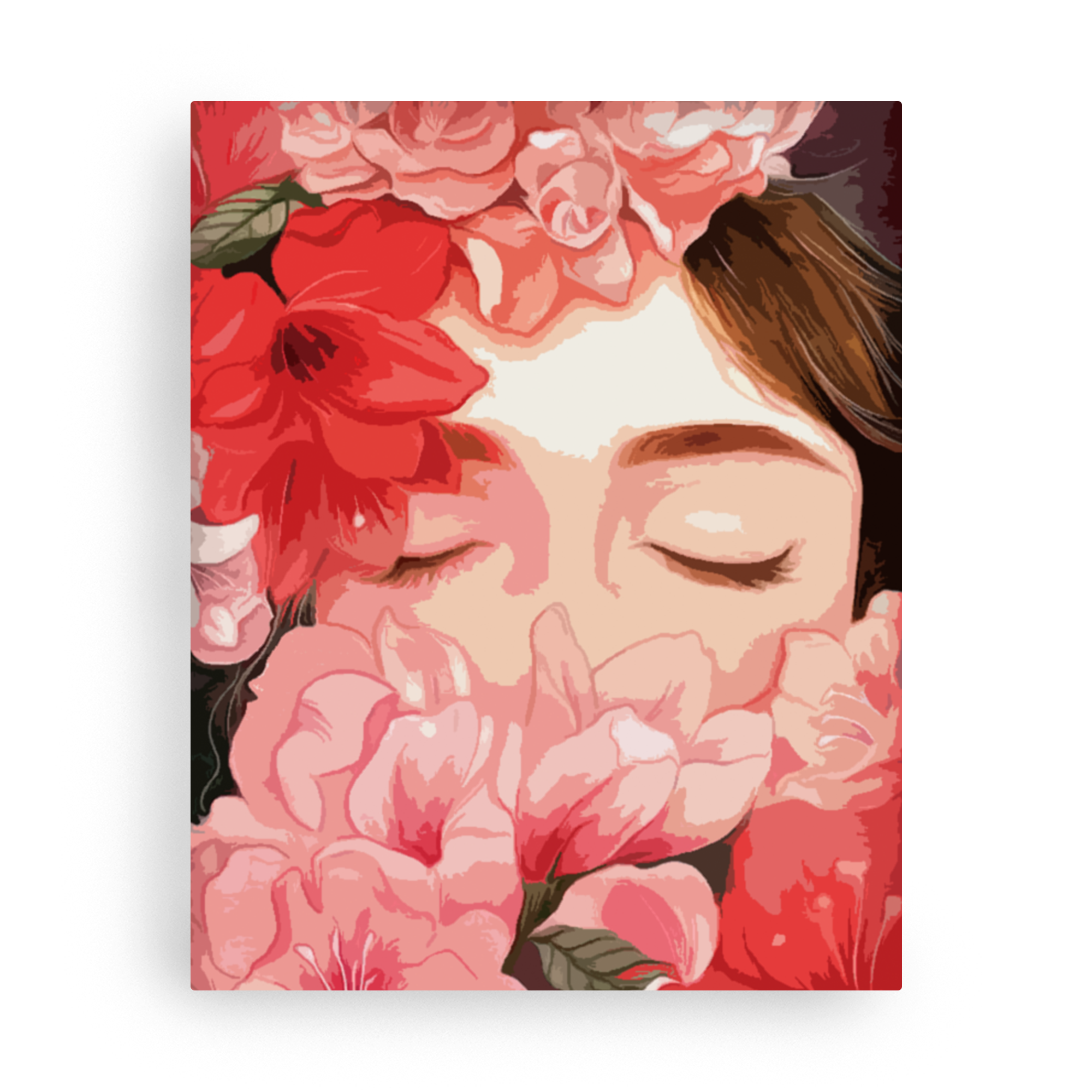 Mujer rodeada de flores: pintura, arte, hobby, creatividad, pintar por números.
