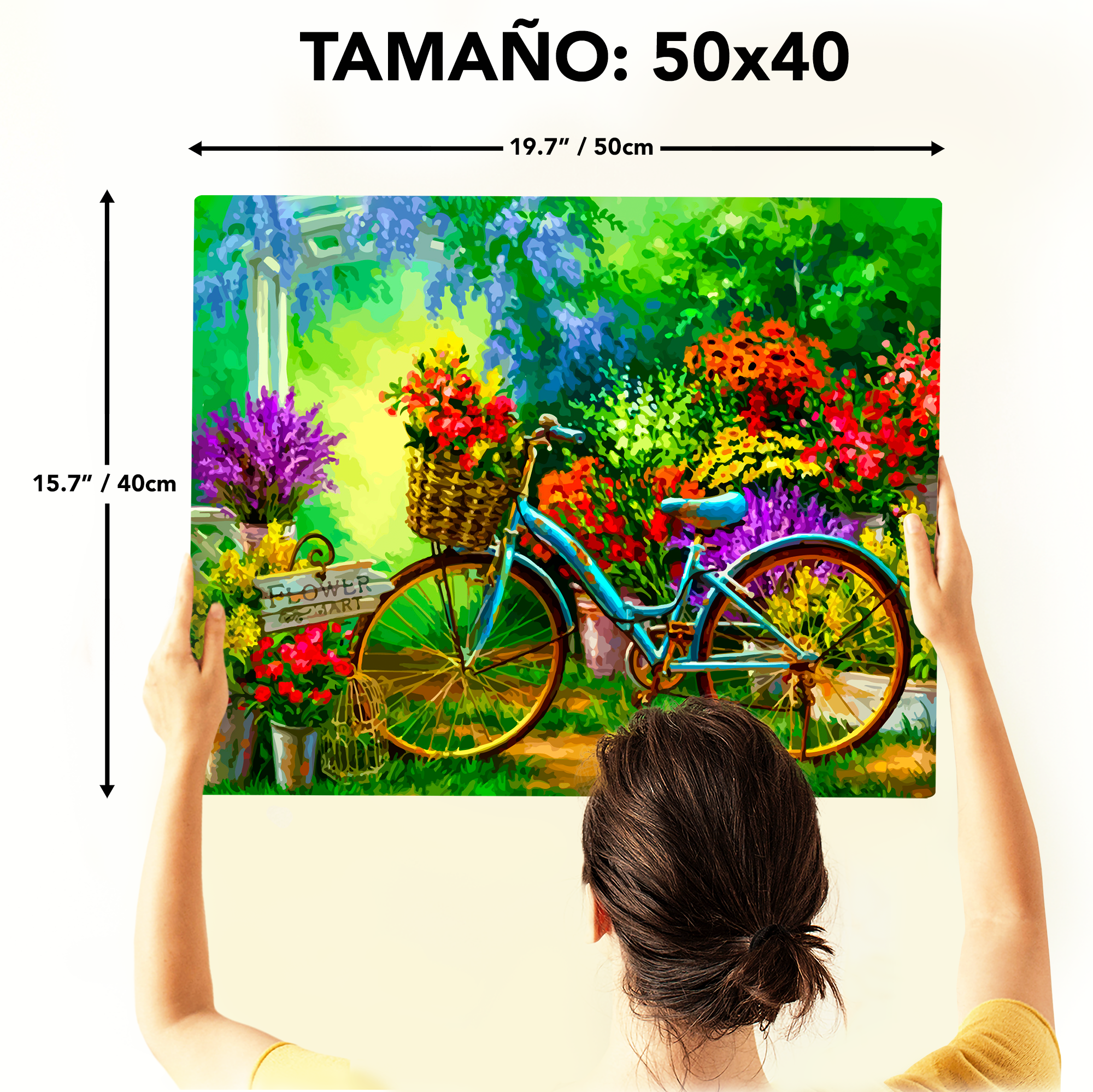 Bicicleta entre las flores: pintura, arte, hobby, creatividad, pintar por números.