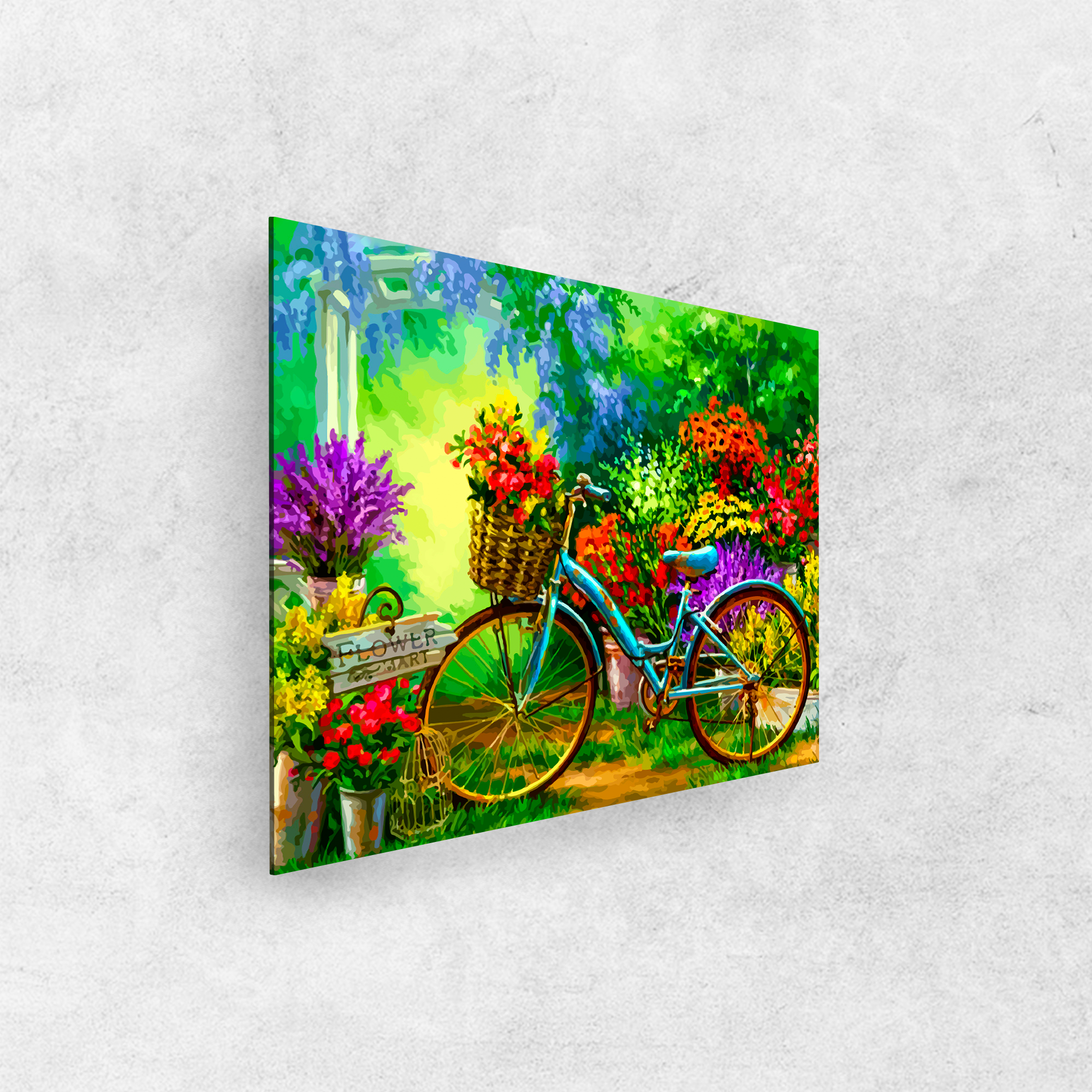Bicicleta entre las flores: pintura, arte, hobby, creatividad, pintar por números.