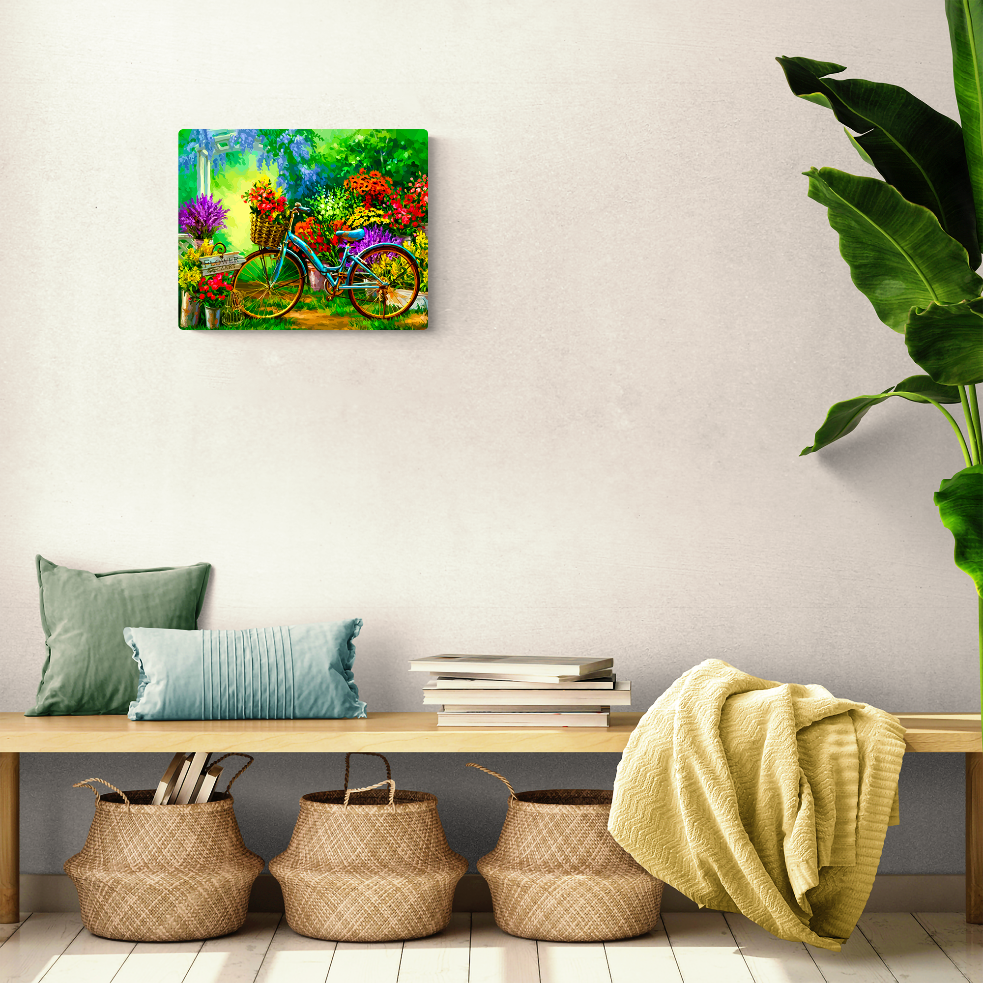 Bicicleta entre las flores: pintura, arte, hobby, creatividad, pintar por números.
